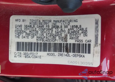 2013 Toyota Corolla L/Le/Le Special Edition/S/S Special Edition из США, поврежденный, VIN 5YFBU4EEXDP117539